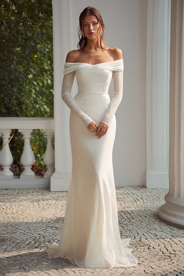 Off The Shoulder Ivory Sheath Wedding Dress With Long Sleeves